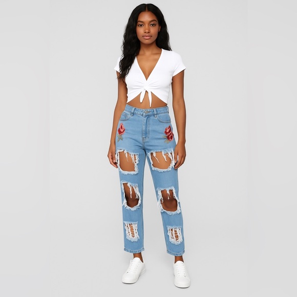 High-Waisted Distressed Rose Patch Jeans for Women – Trendy Shredded Denim - Picture 2 of 8